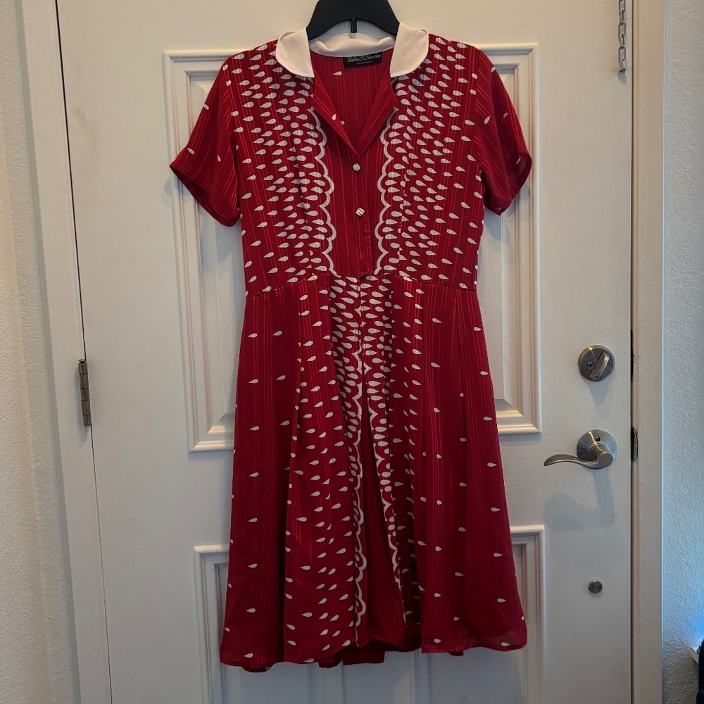 Vintage 1980 Red Dress with white detail, Made by Thelma R Rondon Size 10/12